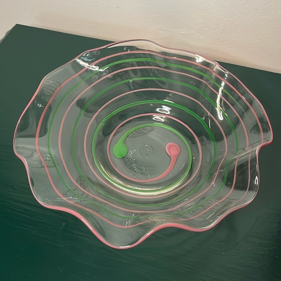 Other - Pean Doubulyu Signed Green and Pink Spiral Handkerchief Art Glass Bowl